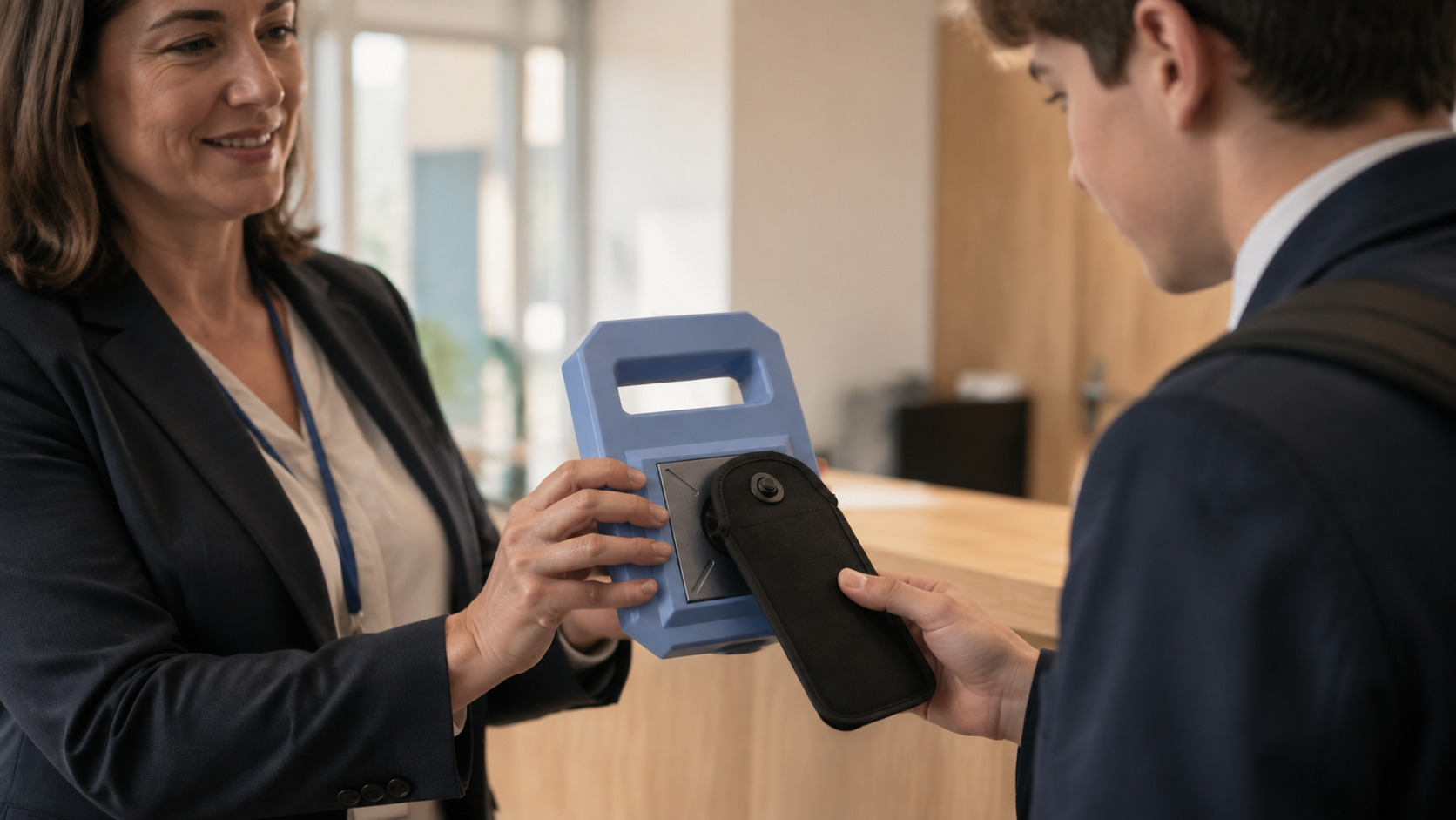 Staff member unlocking a pouch with a handheld magnetic unlocker