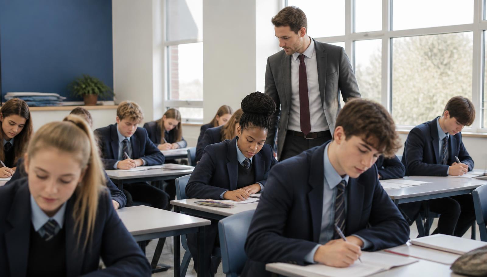 UK secondary school classroom with pupils working and no phones in sight